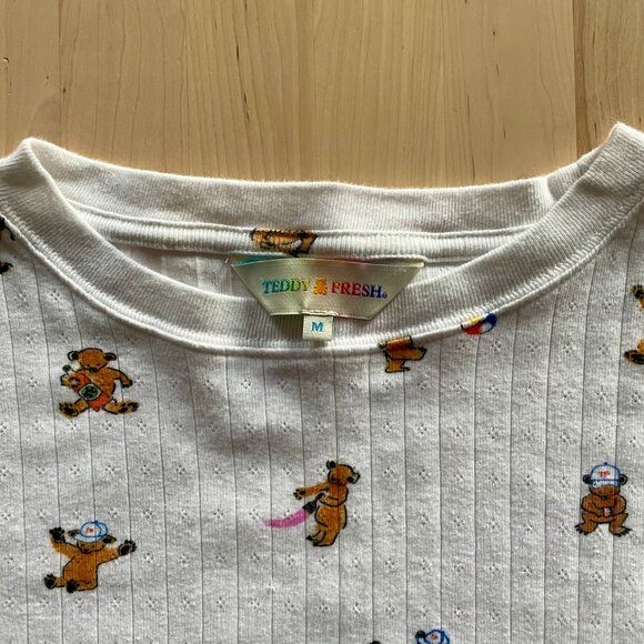 Teddy Fresh Women's White Pointelle Top Blouse with Little Bears size Medium - Picture 3 of 6